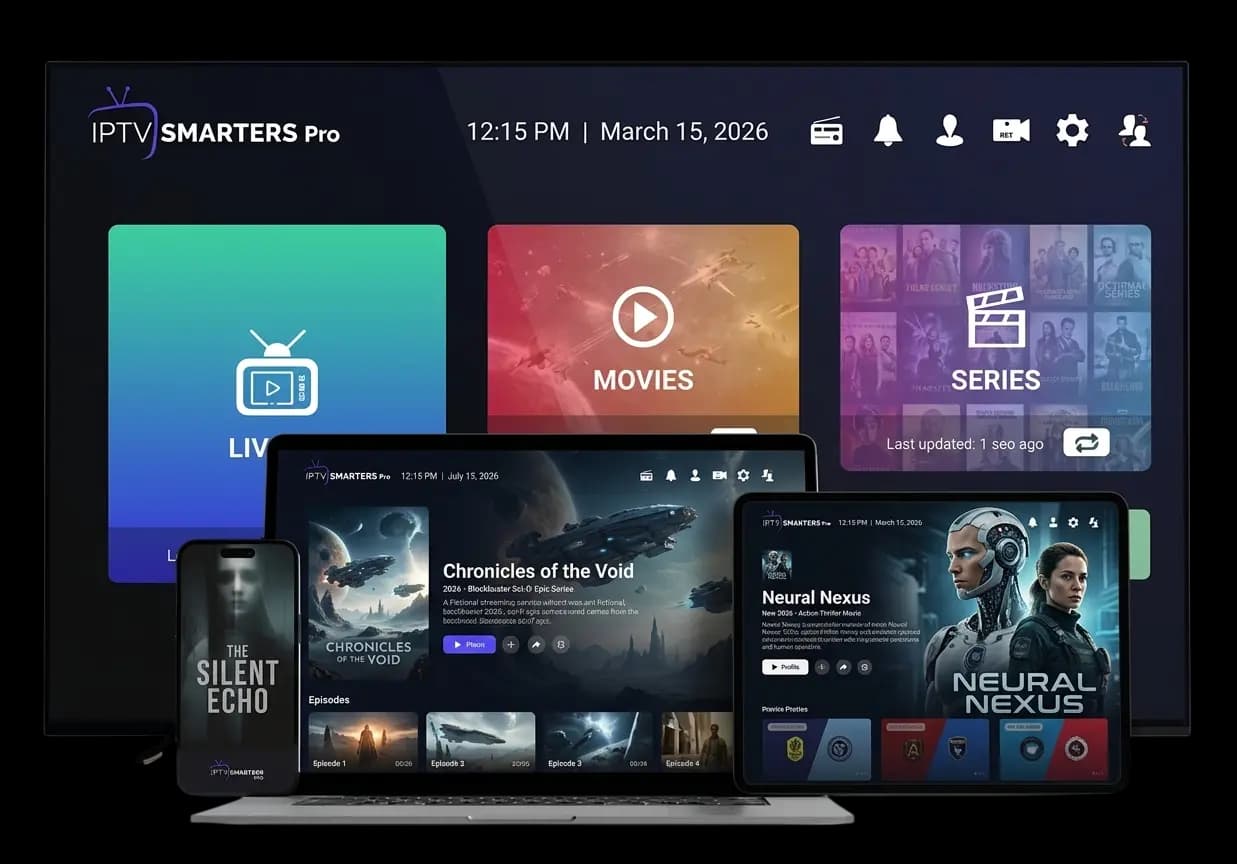 IPTV Smarters Pro interface displayed across multiple devices